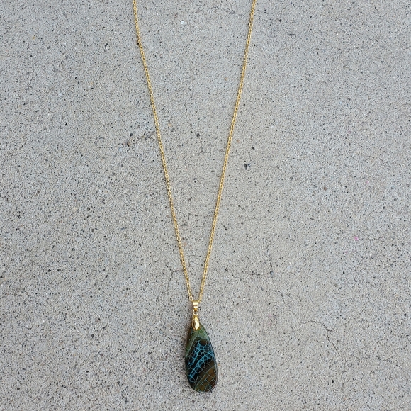New Dragon Veins Agate Drop Gold Plated Necklace. - Picture 9 of 16